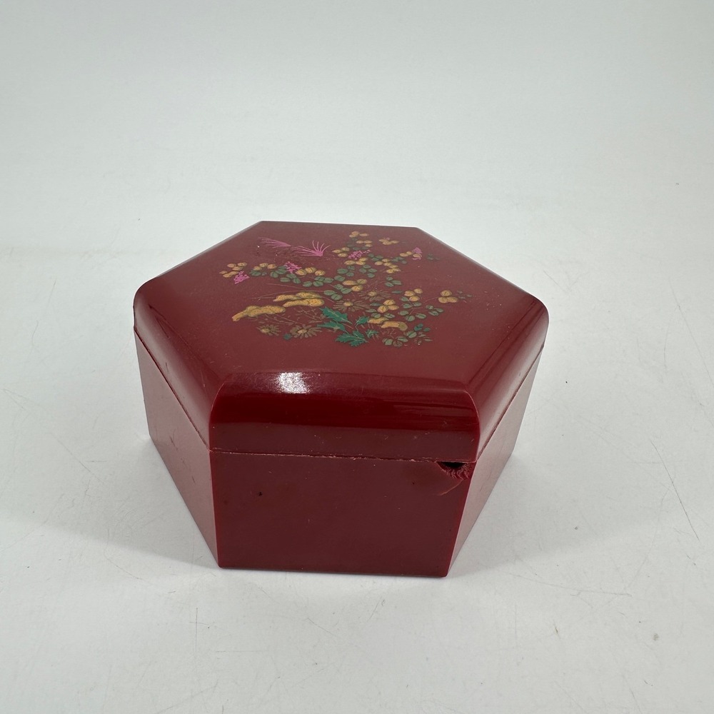 Vintage Red Hexagon Trinket Box Floral Resin Jewelry Case Made in Hong Kong